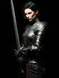 © Atlantis - Medieval female knight holding sword in dark background