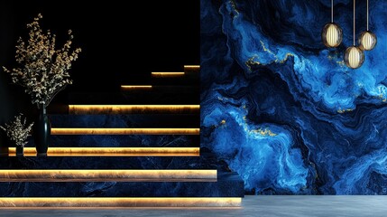 Wall Mural -   A set of blue-marbled stairs leads up to the wall and a vase with a plant in front
