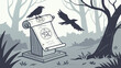 © MY - A scroll with a pentagram on a stone stand with two crows in a grayscale forest illustration