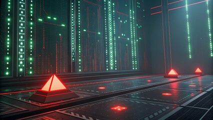 Wall Mural - futuristic server room with glowing green data streams and red alert pyramids image technology, back
