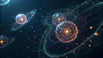 Wall Mural - glowing cellular structures with orbiting energy rings and particles science technology technology, 