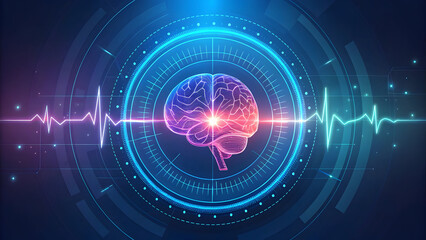 Wall Mural - glowing brain pulsing with digital energy and heartbeat lines image technology, background, new, lat