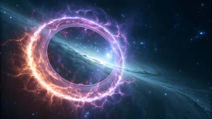 Wall Mural - cosmic vortex glowing with orange purple energy against starry nebula space stars technology, backgr