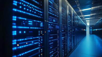 Wall Mural - A modern server room with bright lights reflecting high technology and innovation. Ideal for publications about technology, innovation and modern computing power.