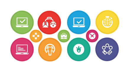 A collection of colorful, circular icons representing various aspects of technology, including a laptop, a globe, and a network, suitable for digital design and business concepts.