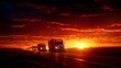 © Sonya - A convoy of semi-trucks journeying along a road beneath a cloudy sky, with the setting sun illuminating the center of the road