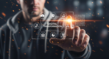 Person interacting with digital transformation interface featuring icons and binary code technology