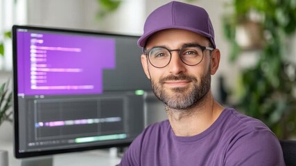 Focused Vision: A programmer with a calm yet confident demeanor, sits attentively at his computer. with coding displayed on the screen, demonstrating skill, dedication, and expertise.