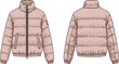 © Masum Creatives - Puffer jacket flat sketch, winter quilted coat design, zip-up front and back view, CAD fashion drawing, padded outerwear vector template illustration