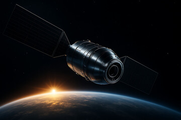 Wall Mural - Advanced black satellite with dual solar wings orbiting earth and sunrise light peeking over planets edge illuminating outer space and dark background