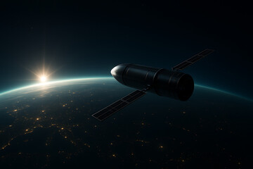 Wall Mural - Rocket shaped black satellite gliding over curved edge of earth with glowing city lights during night and bright sunlight peeking over distant horizon