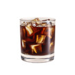 © Megla - Minimalist glass tumbler filled with iced coffee, ice cubes visible, studio white background. PNG