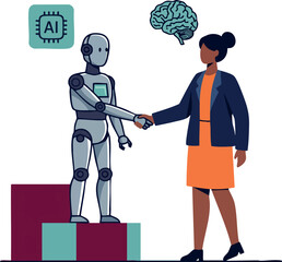 Wall Mural - robot and businesswoman shaking hands with artificial intelligence and brain icons vector illustrati