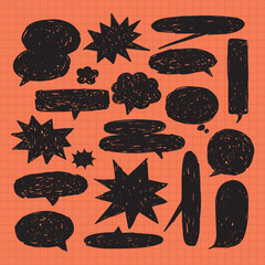 Wall Mural - a collection of black speech bubbles and starbursts on a peach background. various shapes and sizes,