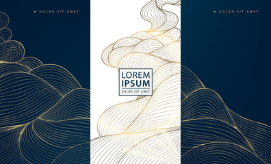 Wall Mural - vector set of abstract line golden japanese waves, art deco water, leaves dynamic flow pattern. vint