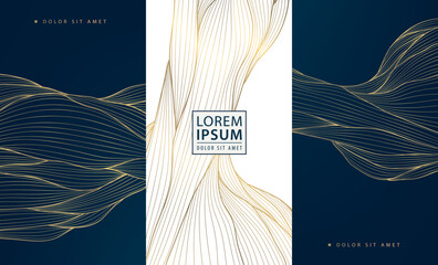 Wall Mural - vector set of abstract line golden japanese waves, art deco water, leaves dynamic flow pattern. vint