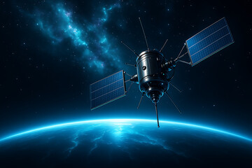 Wall Mural - Advanced satellite system with antennas and solar panels orbiting above glowing blue earth surface in deep outer space with galactic backdrop