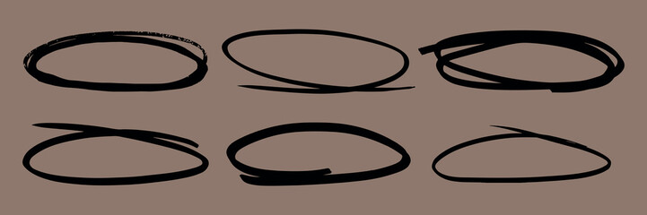 Wall Mural - set of six black hand-drawn oval circles on a background. oval shapes vary in thickness. artistic ov