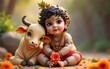 © cui - Cute little baby Krishna with sacred cow. Hindu god Lord Krishna with calf. Krishna Janmashtami, Govardhan Puja, Vasubaras. Indian religious festival. High quality