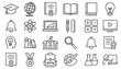 © Iconique Studio - Black and white line drawing icons representing education and school learning tools including books maps and science for background or illustration of academic pursuits study and