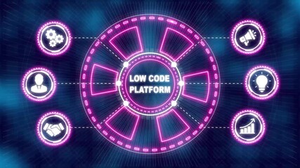 Low Code software development platform technology concept. Abstract technology symbols on blue color grid background. glowing neon line circle animation.