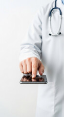 Wall Mural - close-up of hand using smartphone, doctor's white coat visible, symbolizes telehealth, modern medici