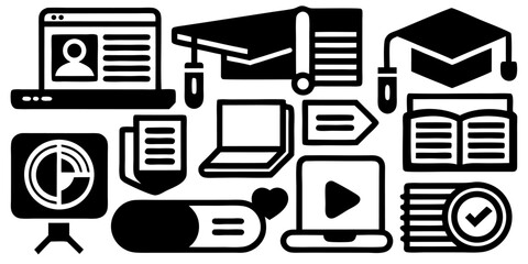 Wall Mural - black and white vector illustrations of computer network elements, including a mouse, cables, and a 