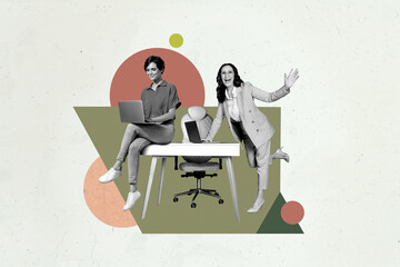 sketch template design photo collage of happy smile colleagues aged young woman work office type lap
