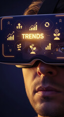 Wall Mural - close-up of a man wearing vr headset, displaying virtual trends data: growth charts, plants symboliz