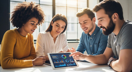 Wall Mural - four diverse young adults collaborate, analyzing data on a tablet. the scene showcases teamwork and 