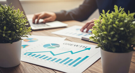 Wall Mural - close-up of business growth chart on wooden desk, flanked by small potted plants, suggesting progres