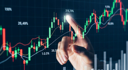 Wall Mural - finger interacts with a digital screen displaying financial candlestick charts and percentage change