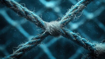 Close-up of a textured knot in a blue fishing net
