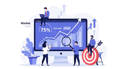 Wall Mural - illustration of business success, showcasing large computer screen displaying upward trending graphs