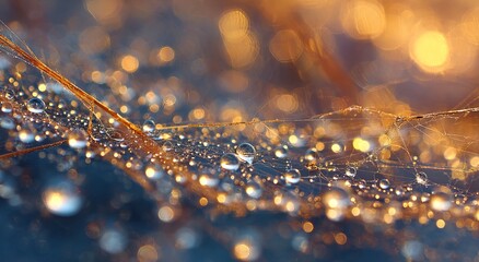 Macro photography of dewdrops on a spider web, set against a gold background, with a shallow depth of field.