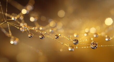 Macro photography of dewdrops on a spider web, set against a gold background, with a shallow depth of field.