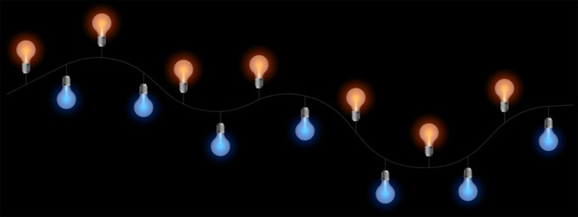 Wall Mural - decorative lights set icon. hanging glowing bulbs on wire with alternating warm and cool tones. perf