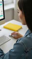 Wall Mural - woman using computer mouse, denim jacket, yellow notebook, desk workspace, showcasing online work, p