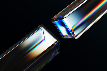 Wall Mural - 3d black background with glass chromatic cube block shapes render. abstract crystal diagonal line pa