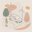 © Md - Person standing near electric car charging at wind turbine station with abstract organic shapes in a minimalist illustration silhouette
