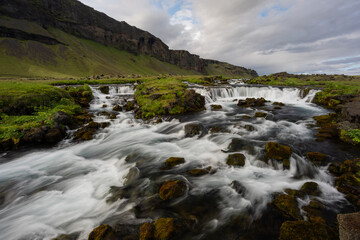 Canvas Print - wide view of fossalar waterfall in iceland.