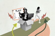 © deagreez - Poster sketch image artwork 3D collage of young lady walk route man knight armor stand box hold laptop plan schedule goal business target