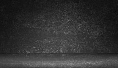 Wall Mural - Empty Dark Concrete wall room Studio Background and rough Floor perspective well editing montage displays Product Stage and text present on black, Backdrop Background