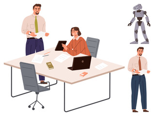 Wall Mural - two colleagues discuss work at a table with laptops, papers, and tablets robot stands nearby. ideal 