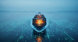 Cargo Ship with Digital Network Overlay in Open Ocean