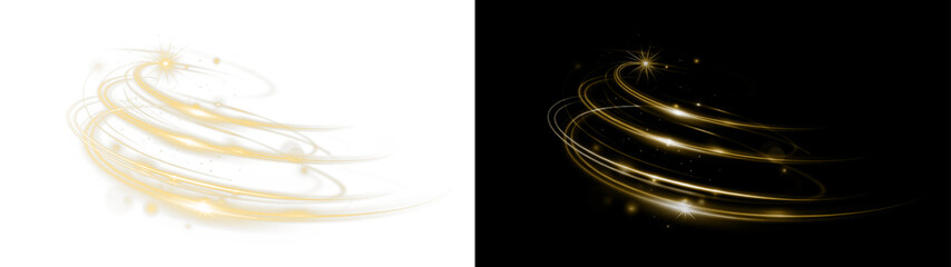 Gold, shimmer, swirl, flash, motion glowing magic trail PNG with transparent background. Perfect PNG Overlay for fantasy, celebration, or dynamic design effects.