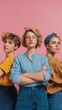 © JD - Women of different ages strike power poses in vintage-inspired outfits against a pink background, celebrating unity and strength