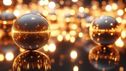 Wall Mural - reflective spheres, abstract lights, dark background, glowing bokeh