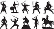 © Husne - Ten Silhouette Warriors in Dynamic Poses with Swords, Bow, and Horse on Transparent Background Vector