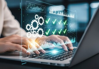 Hands typing on laptop with digital interface showing gears and checkmarks
